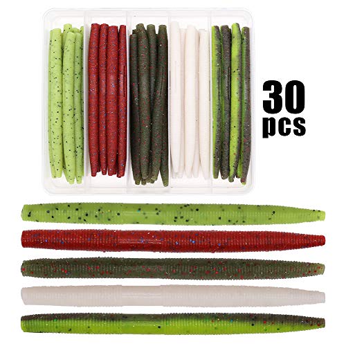 Wacky-Worms-Bass-Fishing-Lure-Kit-Wacky-Rig-Worms-Soft-Plastic-Stick-Baits3 4" 5" 6 inch - color: 5 inch 30 pcs