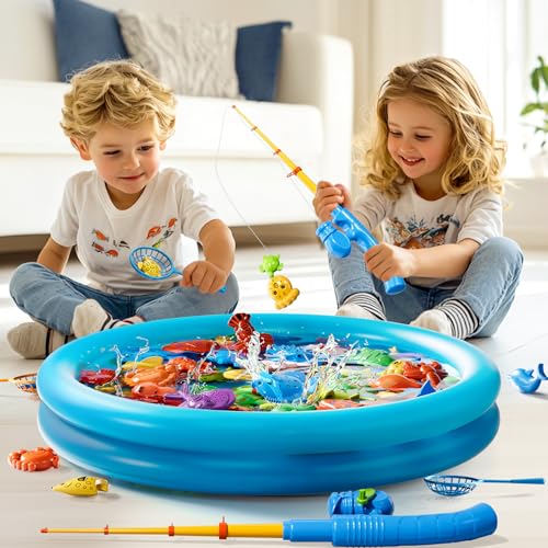 Magnetic Fishing Pool Toys Game for Kids Toddlers 3-5 4-8, Fishing Water Table Bathtub Toy with Inflatable Pool Pole Rod Net Plastic Floating Fish, Water Bath Pool Outdoor Toys for Kids Toddlers Baby - style: 44Fish+3Rod+3Net+Pool