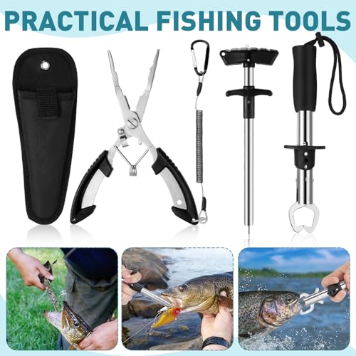 RoundFunny 9 Pcs Fishing Tool Kit Pliers Gear and Equipment Include Large Fishing Backpack, Tackle Box, Gripper, Plier, Lanyard, Hook Separator, Sheath, Patches - color: Black