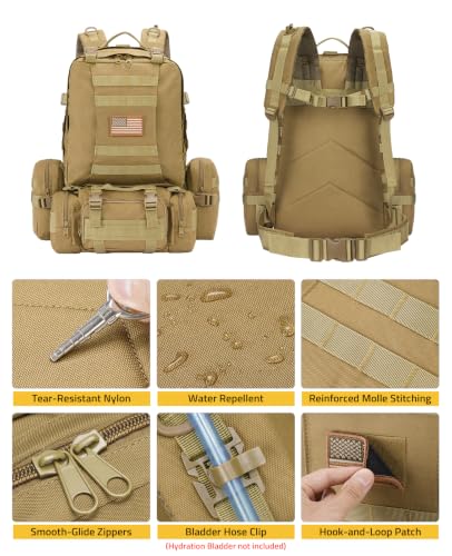 CVLIFE Tactical Backpack Military Army Rucksack 60L Large Assault Pack Detachable Molle Bag - color: Tan