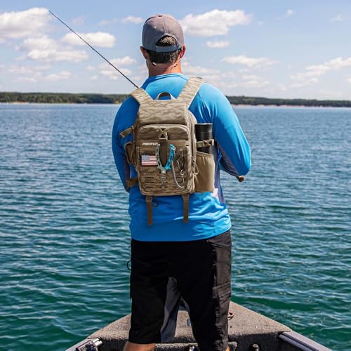 Piscifun Fishing Tackle Backpack with Rod & Gear Holder, Lightweight Outdoor Water-Resistant Fishing Shoulder Storage Bag with Protective Rain Cover, Khaki Camouflage - color: Khaki Camouflage, size: Standard