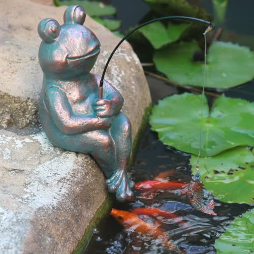 Antique Copper Fishing Frog Statue - Outdoor Garden Statue & Koi Pond Decor - color: Fishing Frog (Copper)