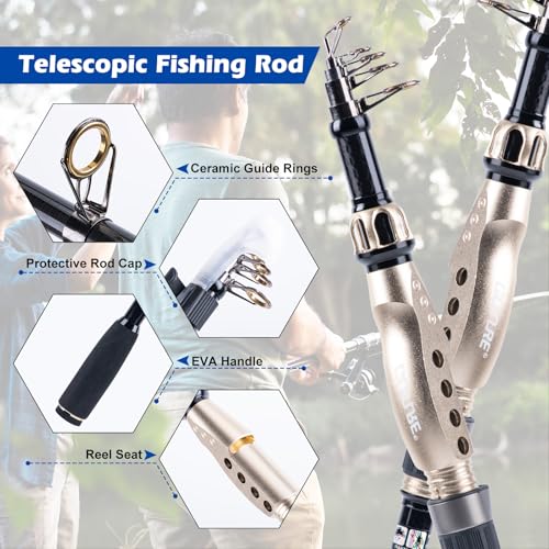 GOTURE Telescopic Fishing Rod and Reel Combos, Carbon Fiber Travel Fishing Pole, 9+1 BB Spinning Reel, Saltwater Freshwater Fishing Gear Kit with Braided Line, Lures, Carrier Bag for Bass Trout - color: 1 Rod & 1 Reel Spinning Fishing Combo - PC Fishing T