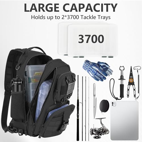 GMAK Fishing Backpack Tackle Sling Bag, Large Tactical Fishing Tackle Backpack with Rod & Gear Holder, Lightweight Outdoor Water-Resistant Tackle Gear Pack Shoulder Bags for Men Women, Black - color: Black, size: Large, style: Sling Backpack