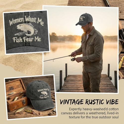 Fish Hats for Men Women,Funny Fishing Lover Gifts,Embroidered Washed Distressed Baseball Cap,Vintage Trucker Hat - color: Women-black
