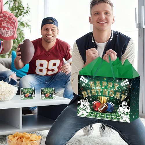 Hooqict Large Football Gift Bag with Handles, Tissue Paper and Greeting Card Football Birthday Party Gift Wrapping Bag for Boys Men Sport Themed Goodie Treat Party Favors - color: Rugby