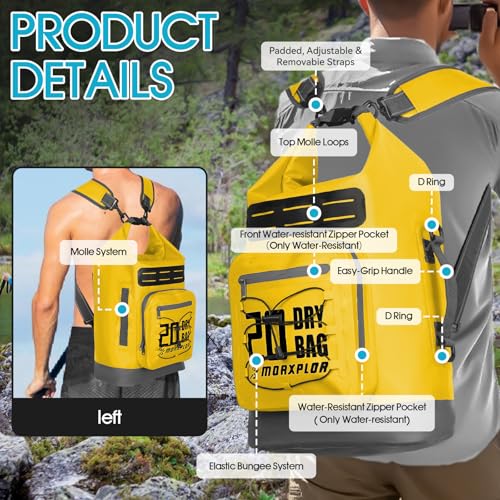 MORXPLOR Dry Bag Waterproof,5L/10L/20L/30L/40L/55L Roll Top Dry Bag Backpack with WaterProof Phone Case for Swim,Kayak - color: Yellow, size: 20Liter
