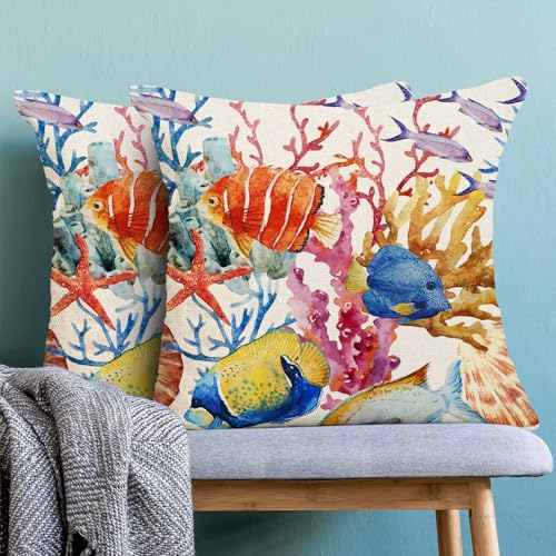 Coastal Pillow Covers 16 x 16 Set of 2, Ocean Colorful Coral Fish Outdoor Decorative Throw Pillows Farmhouse Linen Summer Beach Cushion Case for Home Couch Sofa Decor - color: Fish1, size: 16" x 16" (Pack of 1)