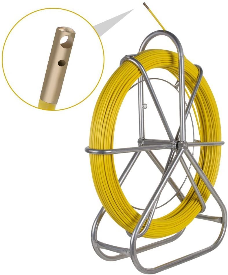 Fish Tape Fiberglass, 656FT 1/4in Duct Rodder Fish Tape Wire Puller, Cable Running Rod with Steel Reel Stand, Min Bending Radius 13 inch/330 mm Fishing Tools for Walls & Electrical Conduit