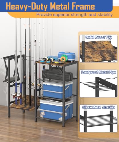Fishing Rod Holders for Garage, Fishing Pole Holder Stand with Multifunctional Hook, 4 Tier Fishing Gear Equipment Organizers Rack, Fits Most Rods of 1.58" for Home Entryway Corner - color: Black