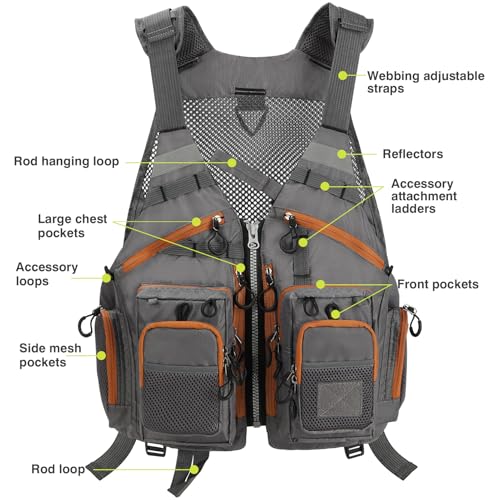 Gonex Fly Fishing Vest for Men Women, Comfortable Adjustable Fishing Vest with Multi-Pockets Reflective Stripes - color: Gray+brown