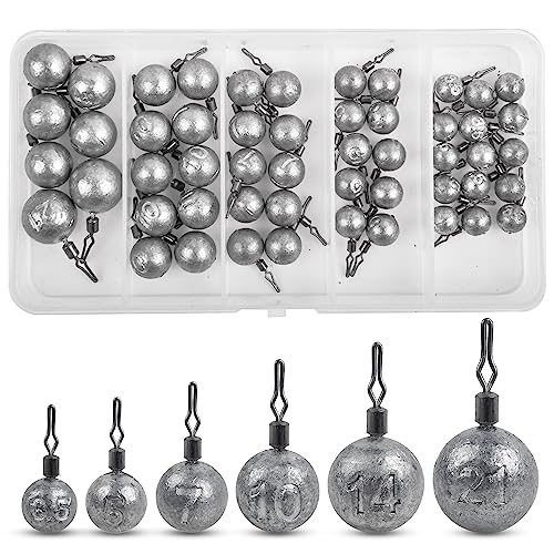 Drop Shot Weights Kit, 52pcs Round Fishing Weights Sinkers Bass Casting Drop Shot Sinkers Rig Cannonball Weights Assorted Set for Bass Fishing Freshwater Saltwater
