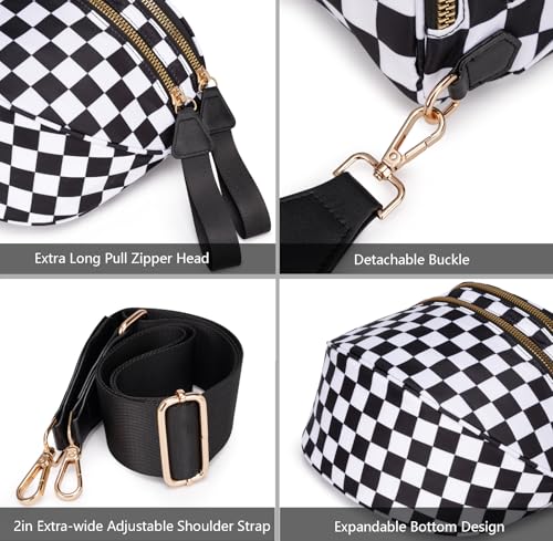 Pure Colour Crossbody Bum Bags for Women Spacious Checkered Cross body Bag Nylon Trendy Fanny Pack for Travel - color: Black and White Checkered