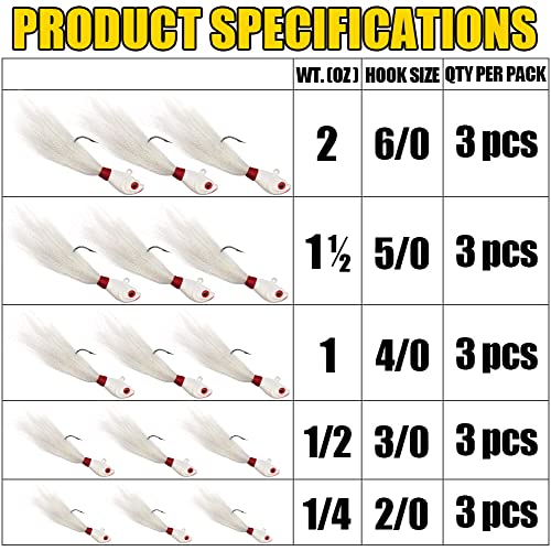 Bucktail-Jigs-Saltwater-Hair-Jigs-Head -Fishing-Lures-Assorted Kit - color: White -3 Pack, size: 1 oz(28g)
