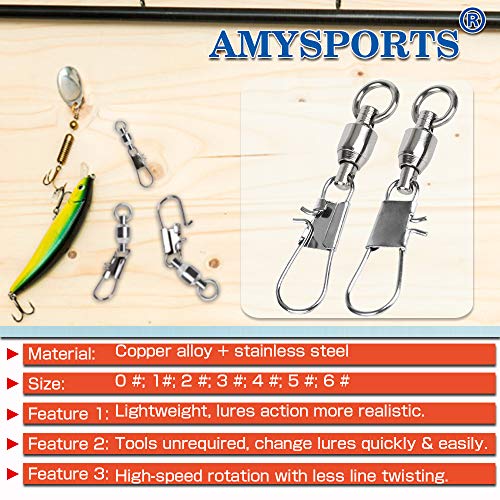 AMYSPORTS Fishing Swivels with Interlock Snap Ball Bearing Swivels Fishing Snap Swivels Saltwater Freshwater Fishing Tackle Leader Lure Jigs Line Fishing Connector - size: size5 (88lb) 50 pcs