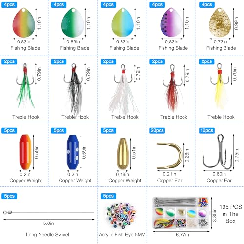 195pcs Spinner Making Kit Fishing Lure Making Kit Spinnerbaits Spinner Blade Clevis Feather Treble Hooks DIY Make Your Own Lure Set for Bass Trout Walleye Lures Fishing Gifts