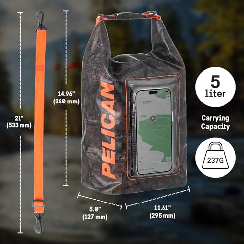 Pelican Marine IP68 Waterproof Dry Bag 5L w/Phone Pouch/Case - Hunter Camo | Roll Top Waterproof Backpack with Touchscreen Phone Pouch - Swimming, Kayaking, Camping, Rafting, Fishing & Travel Essentials - color: Hunter Camo - 5L, size: 5L