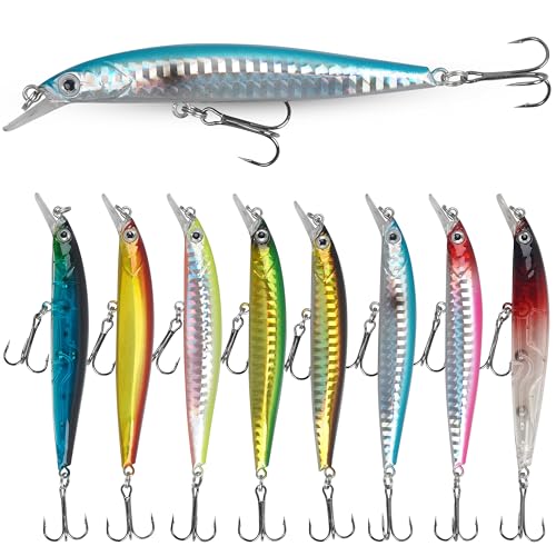 Suspending Jerkbait Fishing Lures, Minnow Lures Jerk Bait Bass Fishing Bait with Treble Hook Artificial Floating Jerkbait for Bass Trout Pike Walleye Freshwater Saltwater - color: Type B:8pcs-3.9in/0.25oz