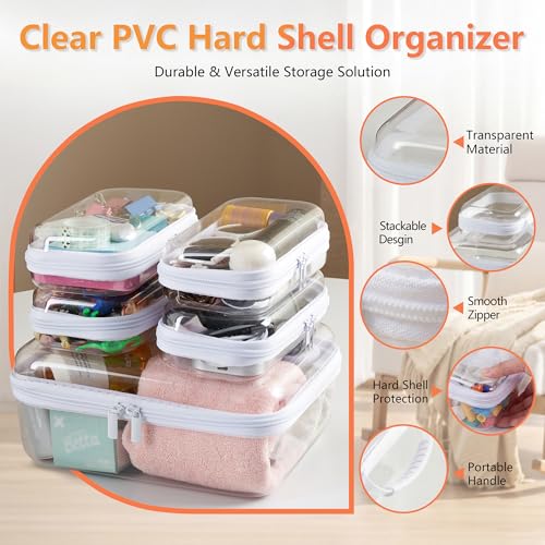 5PCS Travel Essentials for Toiletries with Handles, 1.2MM Thick Clear Hard Shell Zipper Case, Durable Makeup Bag for Cosmetics, Puzzles and Snacks, Clear Travel Bag for Diaper Bag Organizer - color: White, size: Handle L+4S