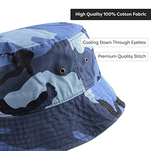 Cotton Bucket Hat Packable Sun Hat – Unisex Summer Travel Beach Fisherman Hat for Men Women Outdoor Fishing Hiking - color: Blue Camo, size: Small-Medium