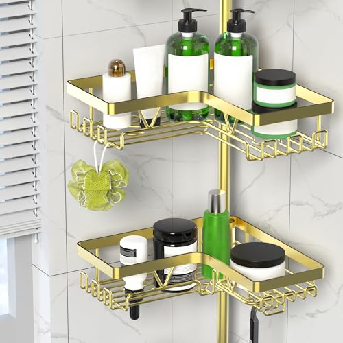 DAOYA Shower Caddy Tension Pole - Gold Corner Shower Caddy Stainless Steel Bathroom Shower Organizer for Tub Tension Rod Corner Shower Shelves(25-114inch) - color: Gold