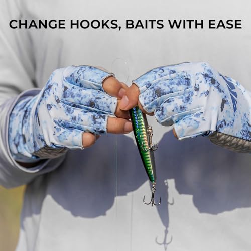 KastKing La Sal Fishing Gloves UPF50+ Sun Gloves UV Protection Fingerless Gloves Men Women for Outdoor, Kayaking, Rowing, Paddling, Canoeing, Hunting - color: D: Boulder Camo Bay, size: Small-Medium