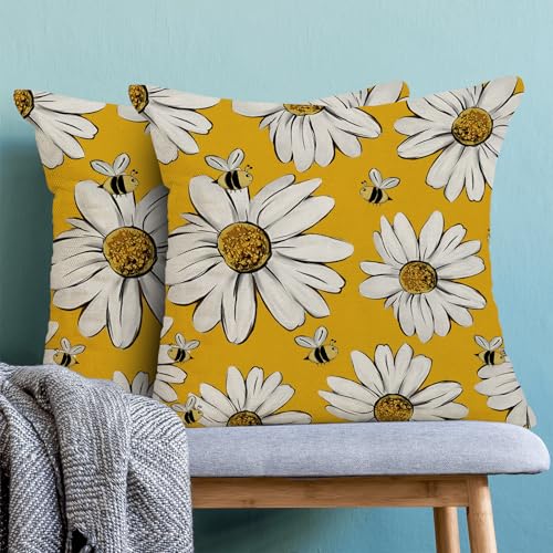 Summer Pillow Covers 16x16 Inch Set of 2 Yellow Background White Floral Bee Throw Pillows Outdoor Decorative Spring Floral Bee Pillowcases Linen Cushion Cases for Bed Sofa Couch - color: Yellow Sunflower Bee, size: 16" x 16" (Pack of 2)