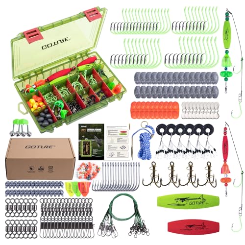 Goture Catfish Rig Making Kit,274pcs/300pcs Catfishing Tackle with Luminous Fishing Hook Swivel Sinker Weights Rattle Float Bobber Stoppers,Catfish Rigs Accessories with 3600 Tackle Box,Gifts for Men - color: B1:274pcs-2pcs Pre-rigged Catfish Rigs&Tackle