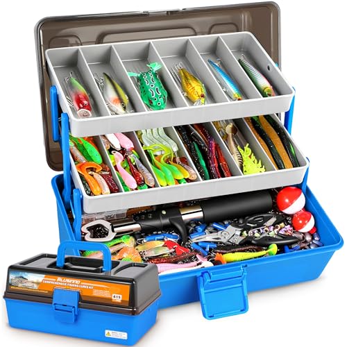 PLUSINNO Large 3 Layers Fishing Tackle Box with Tackle Included, 415Pcs Fishing Lures Kit Contains Pliers, Crankbait, Weights, Accessories, Portable Fishing Gear Gifts for Men Starter Kits Bass Trout - color: Blue