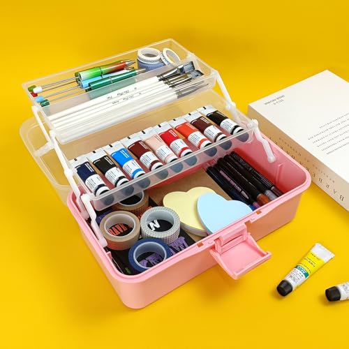 10Inch Tackle Box Organizer and Storage,Three-Layer Sewing Box With 2 Trays | Craft Organizers and Storage,Medicine Storage Box With Handle For Nail、Makeup、Diamond Painting、Building Blocks - color: PINK
