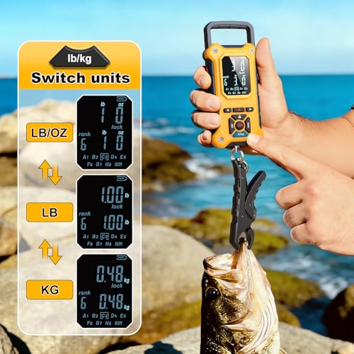 SNAIL TRAIL 8 Storage Bins 50 lbs Digital Fish Weighing Scale & 4.6'' Lip Gripper, Bass Fishing Tournament Culling, Hand Held Travel Items, Electronic Hanging Weight Machine for Luggage, Suitcase, Bag - color: Yellow (Black Gripper)