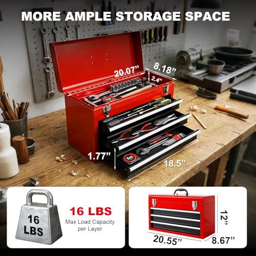 BIG RED Metal Tool Box, 20.5-inch, Portable Metal Tool Box with 4 Drawers, Small Tool Chest with EVA Liners, Ball Bearing Slide Drawers Locking & Powder Coated Finish, Multi-Function Tool Organizer - color: Red&Black, size: 20.5 Inch