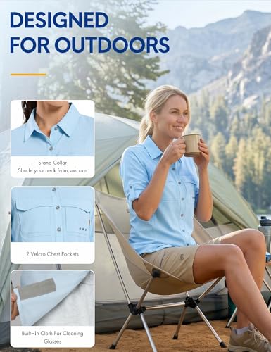 Haimont Women's UPF 50+ Long Sleeve Hiking Button Down Shirt | Quick-Dry, Mesh Back Vents, Roll-Up Tabs, Rod Holder, Lens Cloth, Camping & Travel - color: Light Blue, size: X-Small