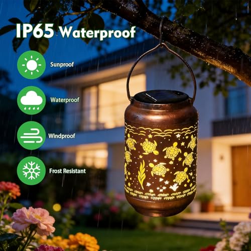 HONGLAND Sea Turtle Solar Lanterns Outdoor Waterproof Hanging Garden Decor, Gifts for Mom Grandma Women, Solar Lights Metal LED with Shepherd Hook for Patio Yard Porch Lawn - color: Sea Turtle