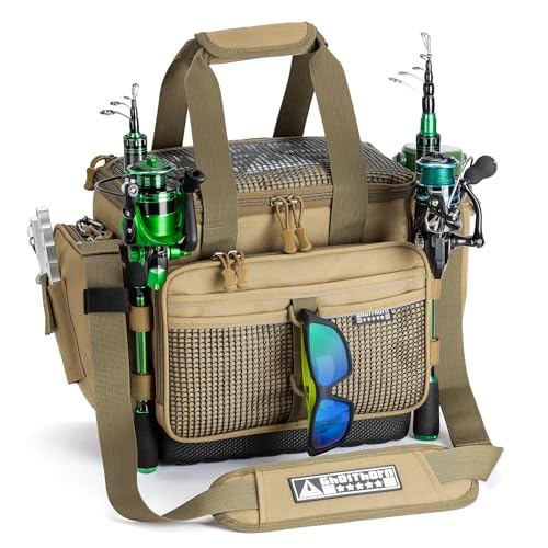 Ghosthorn Fishing Tackle Bag with Rod Holder Saltwater & Freshwater Resistant Tackle Box Bag - Waterproof Base, Adjustable Padded Shoulder Strap (Khaki) - color: Khaki--Waterproof Bottom, size: Standard