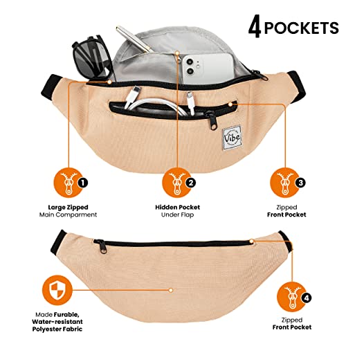 Vibe Festival Gear Rave Fanny Pack for Women Men – Festival, 4 Pockets, Adjustable Strap, Cute Waist Bag, Crossbody Belt Bag, Hiking, Running, Cycling - color: Beige, size: Fits Most