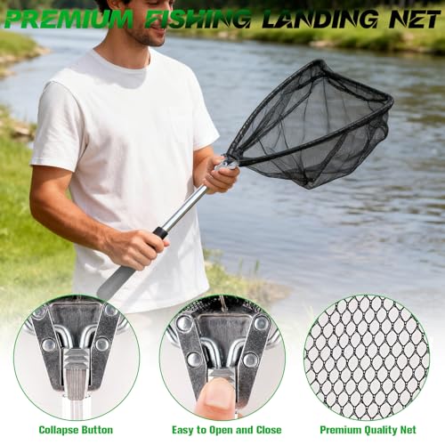 Hikary 10 Pcs Fishing Tool Kit,Folding Fishing Net Set with Storang Bag,Pliers with Lanyard and Protective Sheaths,Hook Remover,Fish Gripper,Fish Scale,Scissors for Fisherman Travel Gifts - color: Green