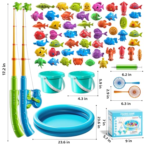 Magnetic Fishing Game Pool Toys for Kids 3 4 5 6 7 8, Water Table Bathtub Toys with Inflatable Pool, Bath Toys for Toddlers, Summer Outdoor Indoor Magnetic Fishing Toys Gifts for Boys Girls 3-5 4-8 - style: 51Fish+2Rod+2Net+2Bucket+Pool
