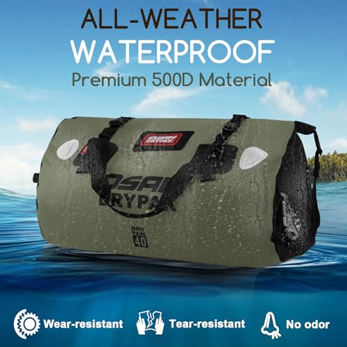 OSAH DRYPAK Waterproof Duffel Bag - Motorcycle Dry Bag Tail Bag with Large Storage Space, Waterproof Luggage Duffle Bags with Outer Mesh Zipper Pocket for Camping, Kayaking, Fishing & Traveling - color: Olive, size: 40L