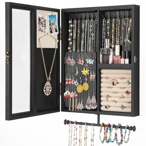 Keebofly Wall Mounted Jewelry Organizer With Rustic Wood Large Space Jewelry Cabinet, Holder, Storage Box for Necklaces, Earrings, Bracelets, Ring Holder, and Accessories Black - color: Black