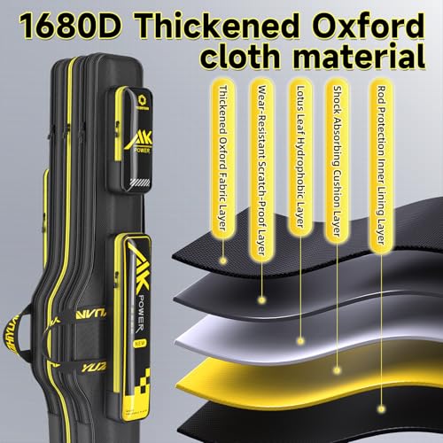 Fishing Rod Case & Bag Triple-Layer - 1680D Oxford, Wire-Reinforced Anti-Deforming, Foldable Portable, Quick-Access Compartments, Fishing Gift for Men Anglers - color: Black, size: 51.18inch, style: Double - Layer