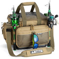 Ghosthorn Fishing Tackle Bag with Rod Holder Saltwater & Freshwater Resistant Large Tackle Box Bag - Waterproof Base, Adjustable Padded Shoulder Strap (Khaki) - color: Khak-Waterproof Bottom, size: Large