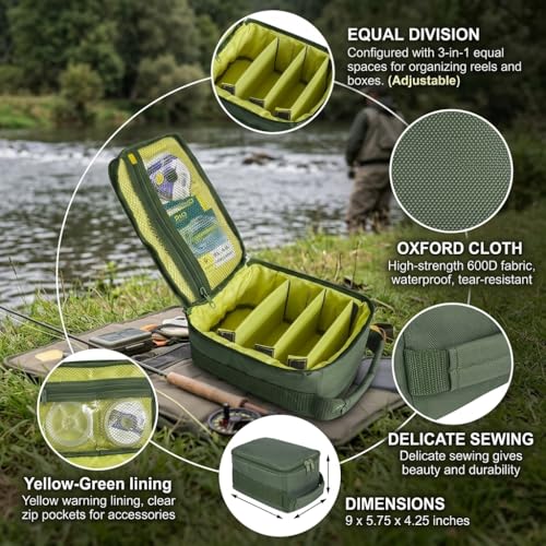 Fishing Tackle Bag Waterproof Fishing Bags Portable Fishing Reel & Gear Bag with 3 Adjustable Dividers for Spinning Baitcasting Fly Reels (Army Green)