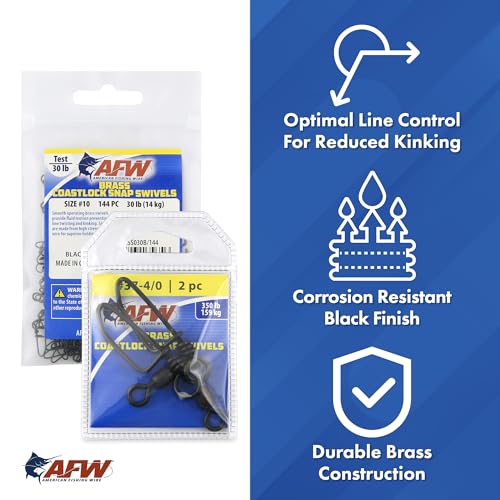 AFW Brass Coastlock Snap Swivels – Durable Fishing Gear with High-Strength Wire Snaps, Black Oxide Finish, Prevents Line Twisting & Kinking, Supports Up to 350 lb Test. - size: 20 pc, #5, 90 lb test