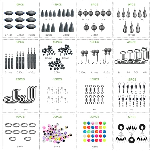 Fishing Accessories Kit Organized Fishing Tackle Box Included Hooks, Sinkers Weights, Rubber Bobber, Jigs, Beads, Swivels Snaps, Fishing Gear Kit - color: 306pcs
