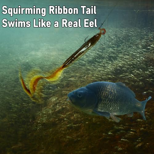Dr.Fish 5 Pack Sand EEL Lures Saltwater Soft Fishing Lures Swimbait 6 Inch 3/8oz Surf Fishing Creature Baits Soft Plastic Artificial Ribbontail Worm - color: Green Pumpkin