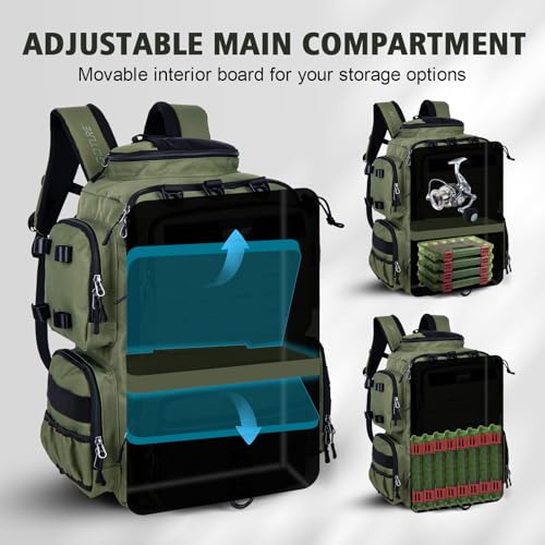 Goture Fishing Backpack,900D Water-Resistant Tackle Backpack with Rod Holders, SBS Zippers,45L Large Fishing Bag Storage Gear Tackle Bag with Rain Cover, Bottle Holder for Travel Camping Hiking - color: A1:Army Green(Only Bag), size: Without Tackle Boxes