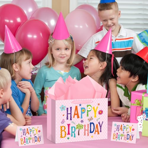 Hooqict Large Pink Gift Bag Happy Birthday Gift Wrap Bag with Handles, Tissue Paper, Greeting Cards for Kids Girls Women Pink Birthday Party Mom Mothers Day Bags - color: Pink Happy Birthday