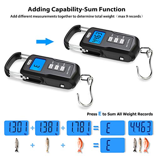 Dr.Meter Fish Scale Backlit LCD Display FS01: 110lb/ 50kg Digital Luggage Scale with Storage Function Numerical Comparison, Built-in Measuring Tape, Batteries Included - Fishing Gifts for Men