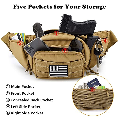 Tactical Fanny Pack Gun Holster Concealed Carry Pistol Military Tactical Waist Bag Waterproof Molle EDC Pouch with USA Flag Patch - color: Tan